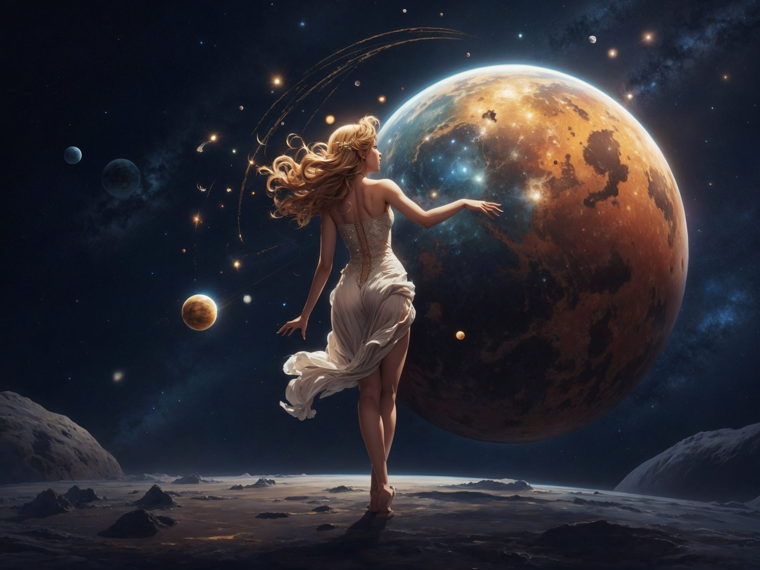 SURREAL IMAGE OF THE PLANET MERCURY DANCING WITH THE VIRGO CONSTELLATION
